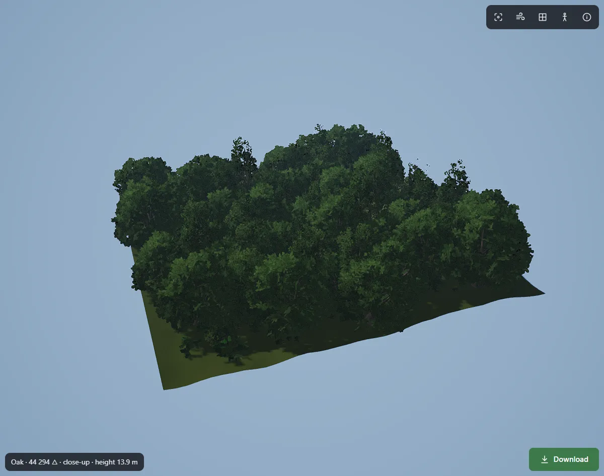 Un'area di foresta generata in FoliMesh