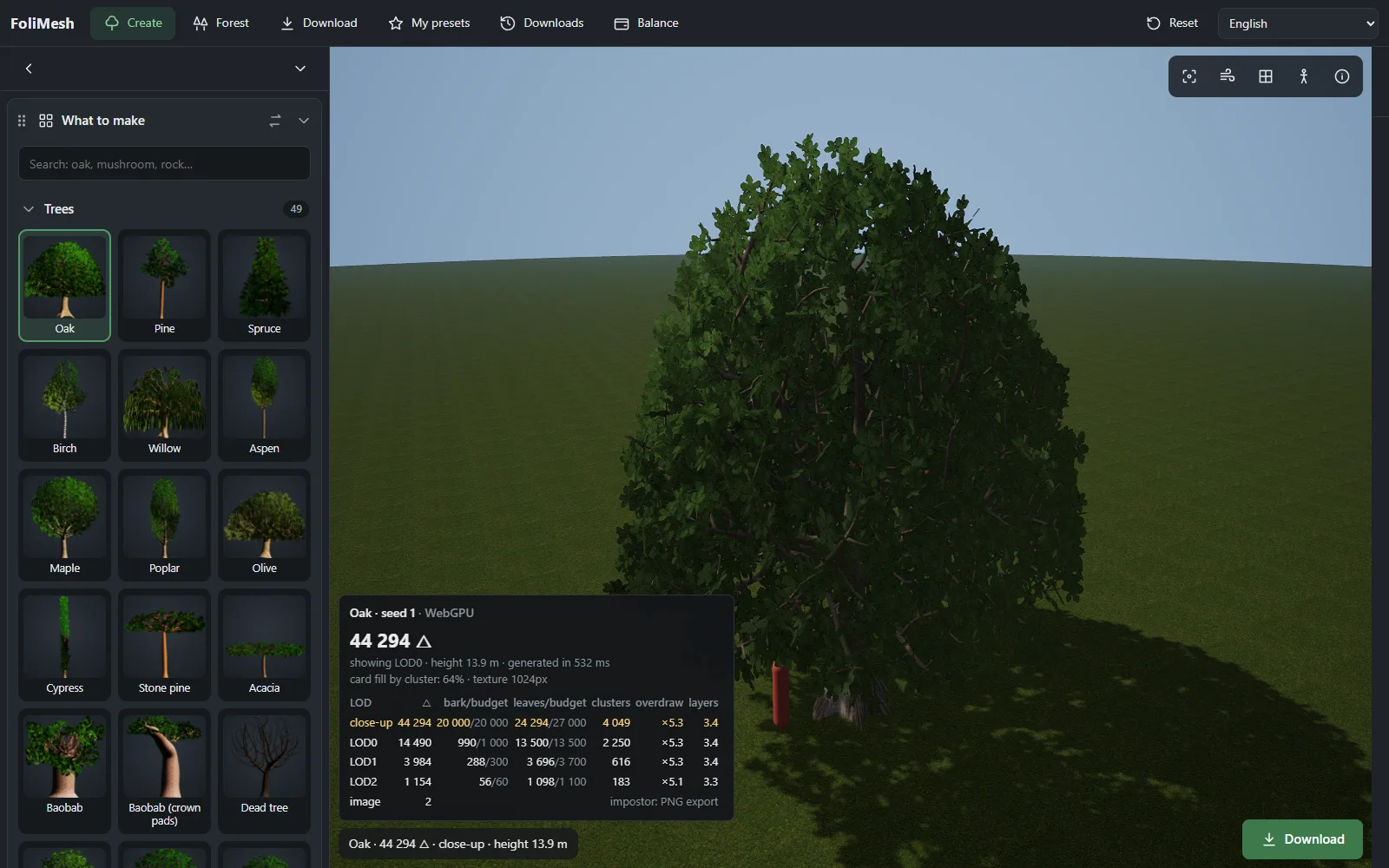 Budget di triangoli per LOD nell'editor di FoliMesh