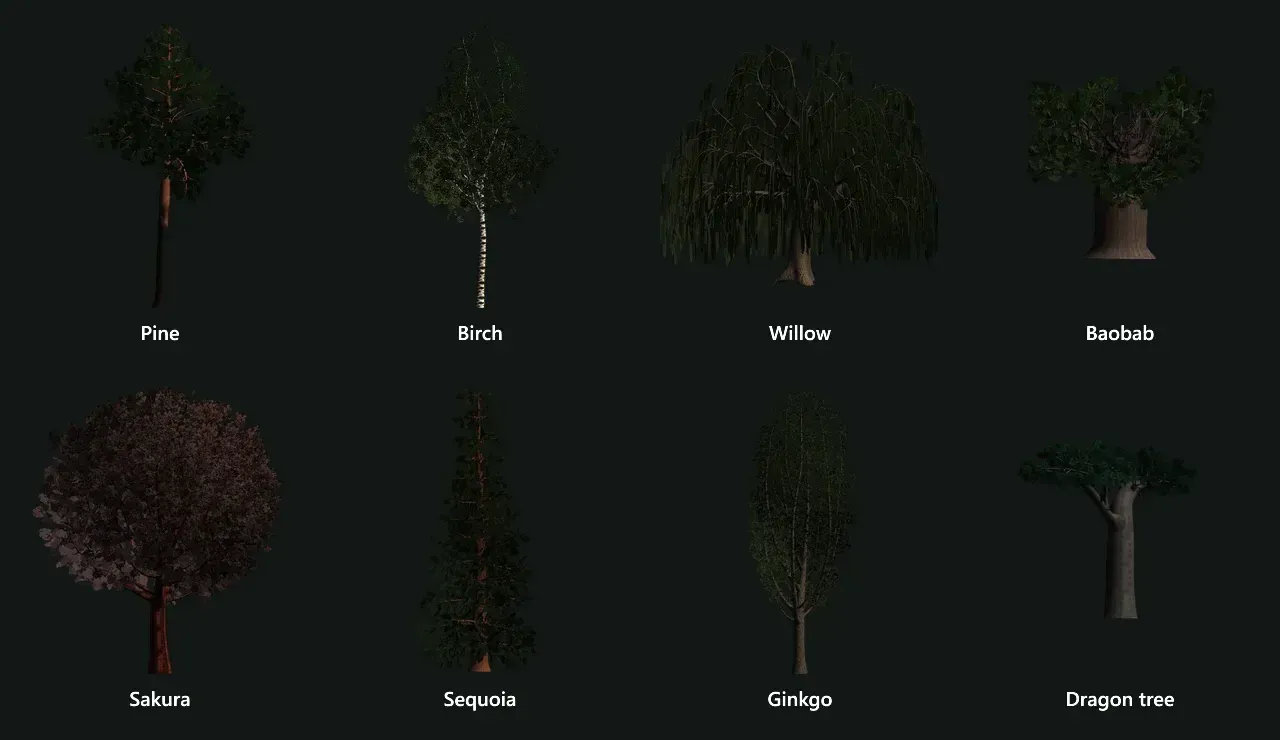 Pino, betulla, salice, baobab, ciliegio giapponese, sequoia, ginkgo, albero del drago